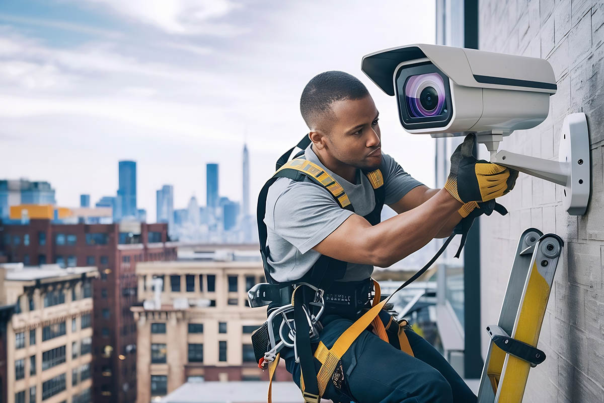 Technician installing CCTV